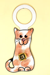CAT (Sitting Kitten) ORANGE & WHITE SPOTTED Hand-Painted Leather Doorknob Bell