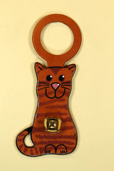 CAT (Sitting Kitten) ORANGE TIGER Hand-Painted Leather Doorknob Bell