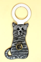 CAT (Sitting Kitten) GRAY TIGER Hand-Painted Leather Doorknob Bell