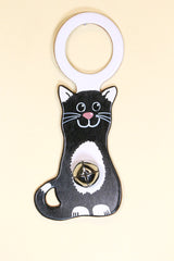 CAT (Sitting Kitten) TUXEDO Hand-Painted Leather Doorknob Bell