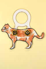 CAT (Standing) ORANGE & WHITE SPOTTED Hand-Painted Leather Doorknob Bell