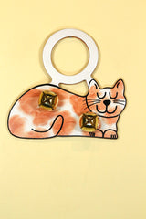 CAT (Sleeping) ORANGE & WHITE SPOTTED Hand-Painted Leather Doorknob Bell