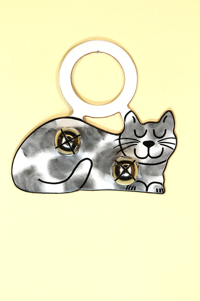CAT (Sleeping) GRAY & WHITE SPOTTED Hand-Painted Leather Doorknob Bell