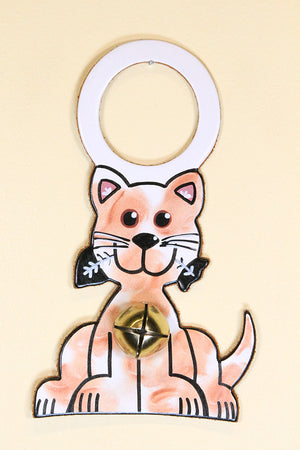 CAT (KITTY with FISH) ORANGE & WHITE SPOTTED Hand-Painted Leather Doorknob Bell