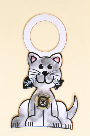 CAT (KITTY with FISH) GRAY & WHITE SPOTTED Hand-Painted Leather Doorknob Bell