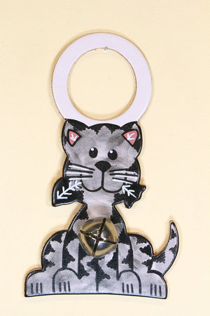 CAT (KITTY with FISH) GRAY TIGER Hand-Painted Leather Doorknob Bell