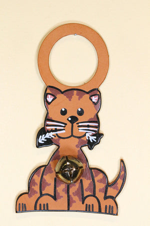 CAT (KITTY with FISH) ORANGE TIGER Hand-Painted Leather Doorknob Bell