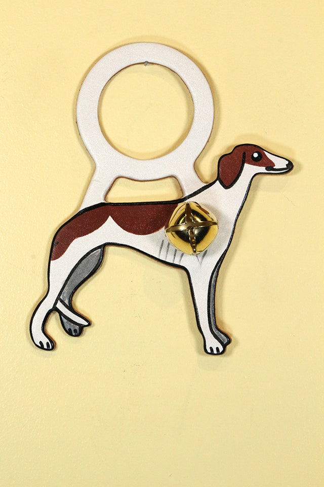 GREYHOUND - BROWN & WHITE  Hand-Painted LEATHER Doorknob Bell