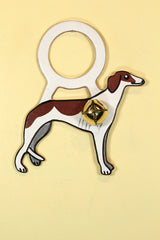GREYHOUND - BROWN & WHITE  Hand-Painted LEATHER Doorknob Bell