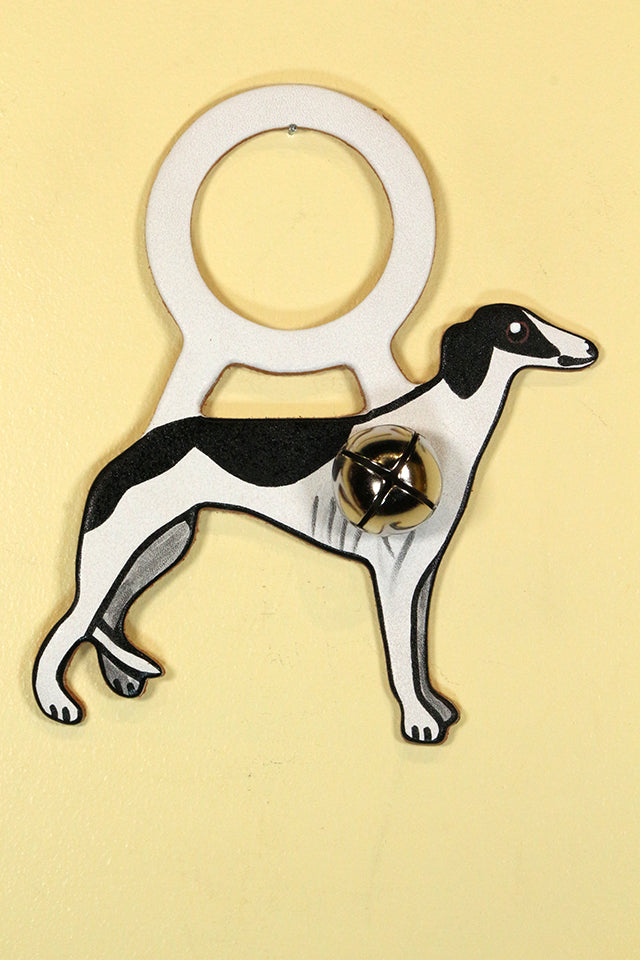GREYHOUND - BLACK & WHITE  Hand-Painted LEATHER Doorknob Bell