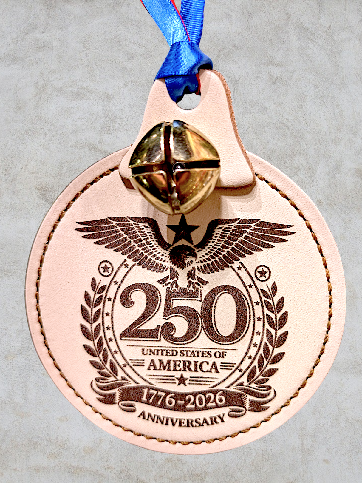 Laser Engraved Leather USA 250th Anniversary Ornament with Bell