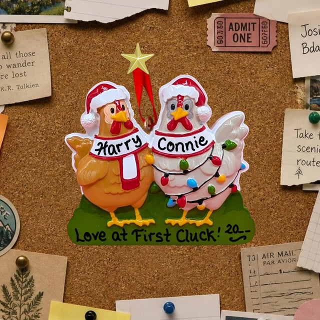 An ornament of 2 chickens wearing Santa caps, showing an example of  handwritten personalization