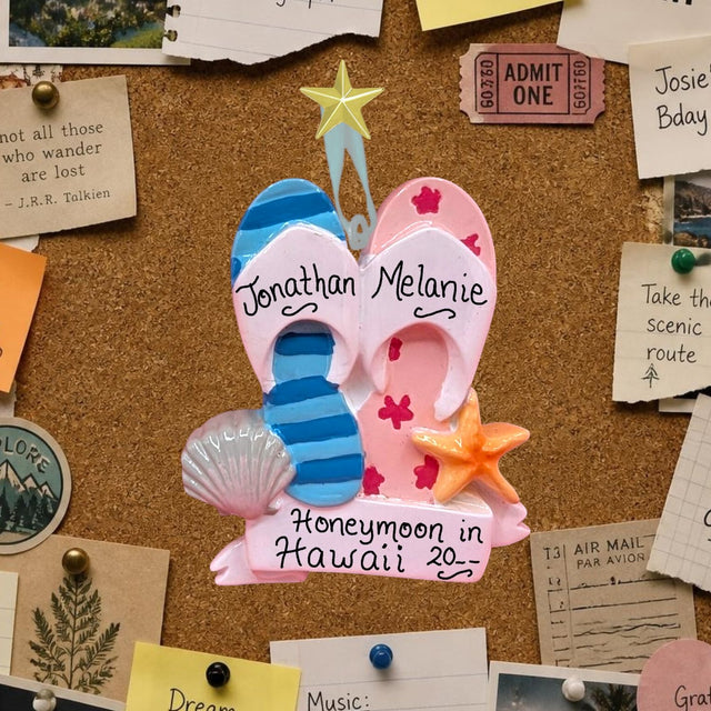 Flip-flop ornament tacked to a bulletinboard and showing handwritten personalization example