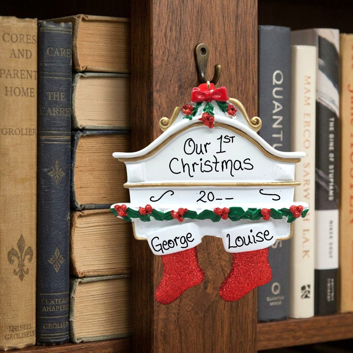 Stockings on White Mantel Ornament (2 Names)