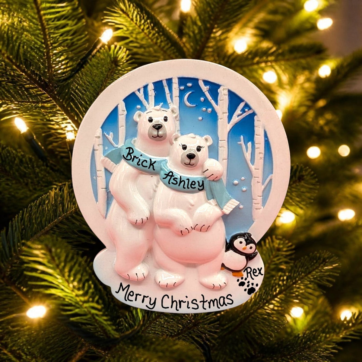 Polar Bears in the Woods with Penguin Ornament (2 Names)