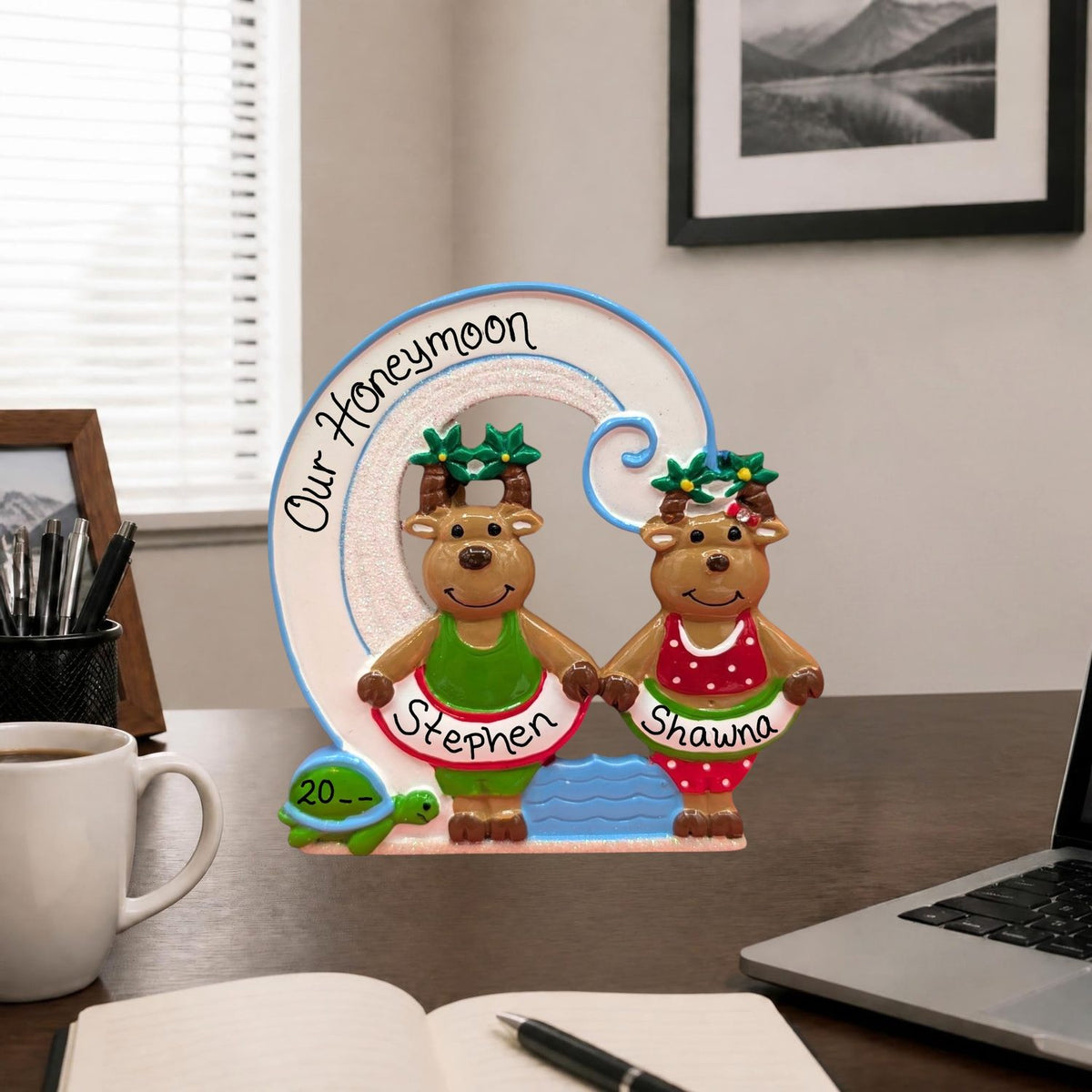 Beach-Loving Reindeer Ornament OR Tabletop Decoration (2 Names)