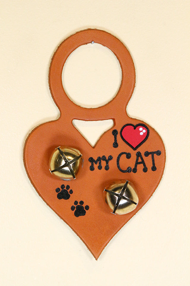 CAT - "I (Heart) MY CAT" HEART - Hand-Painted Leather Doorknob Bell
