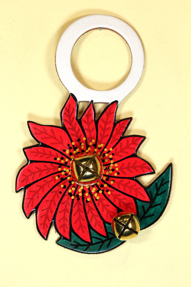 FLOWER - POINSETTIA Hand-Painted LEATHER Doorknob Bell