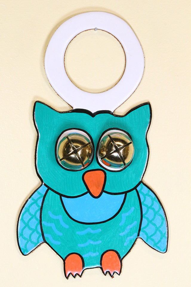 OWL Hand-Painted LEATHER Doorknob Bell - BLUE WHIMSICAL