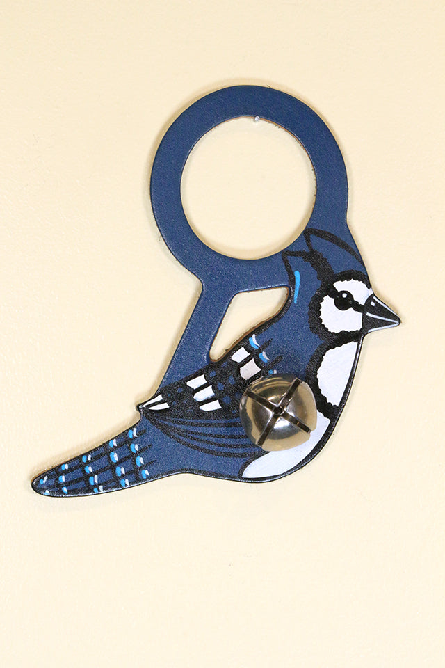 BIRDS - BLUE JAY Hand-Painted LEATHER Doorknob Bell