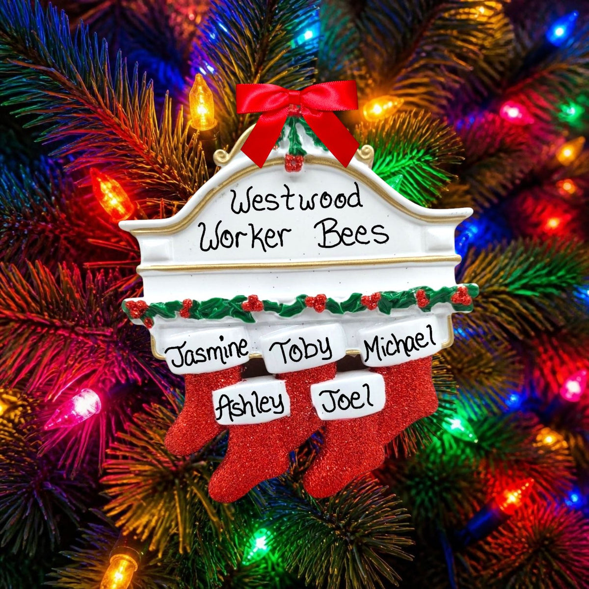 Stockings on White Mantel Ornament (5 Names)