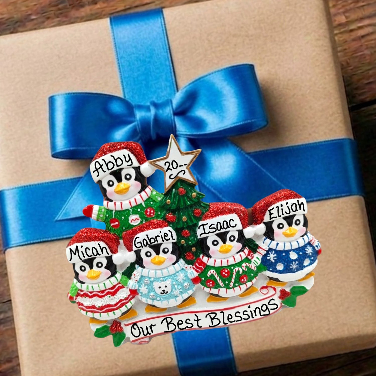 Penguins in Christmas Sweaters Ornament (5 Names)