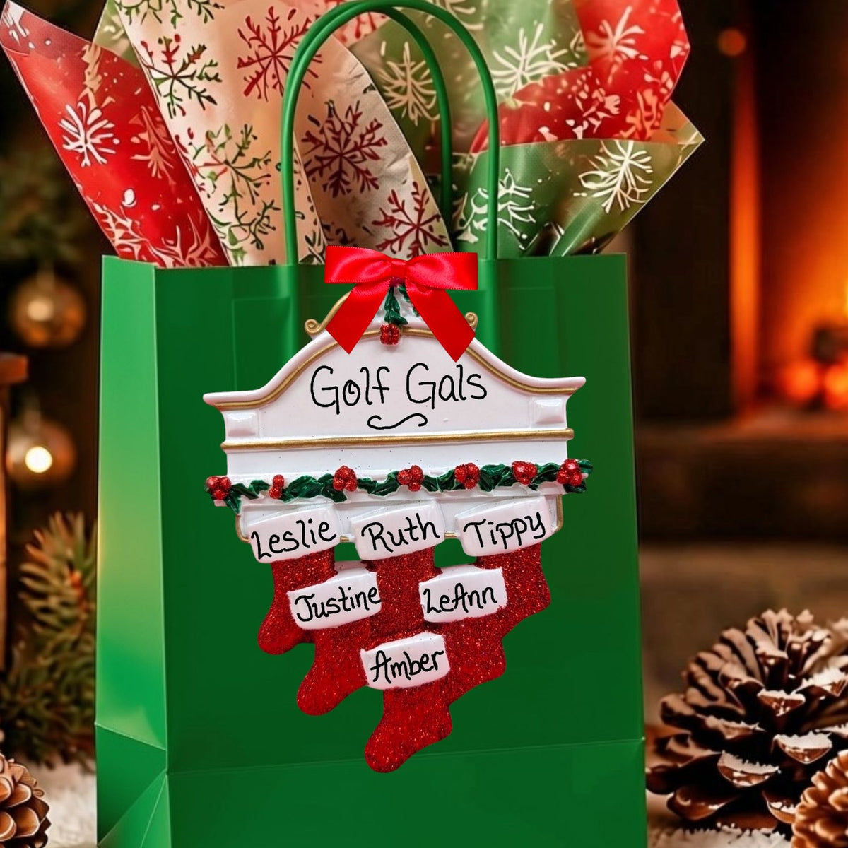 Stockings on White Mantel Ornament (6 Names)