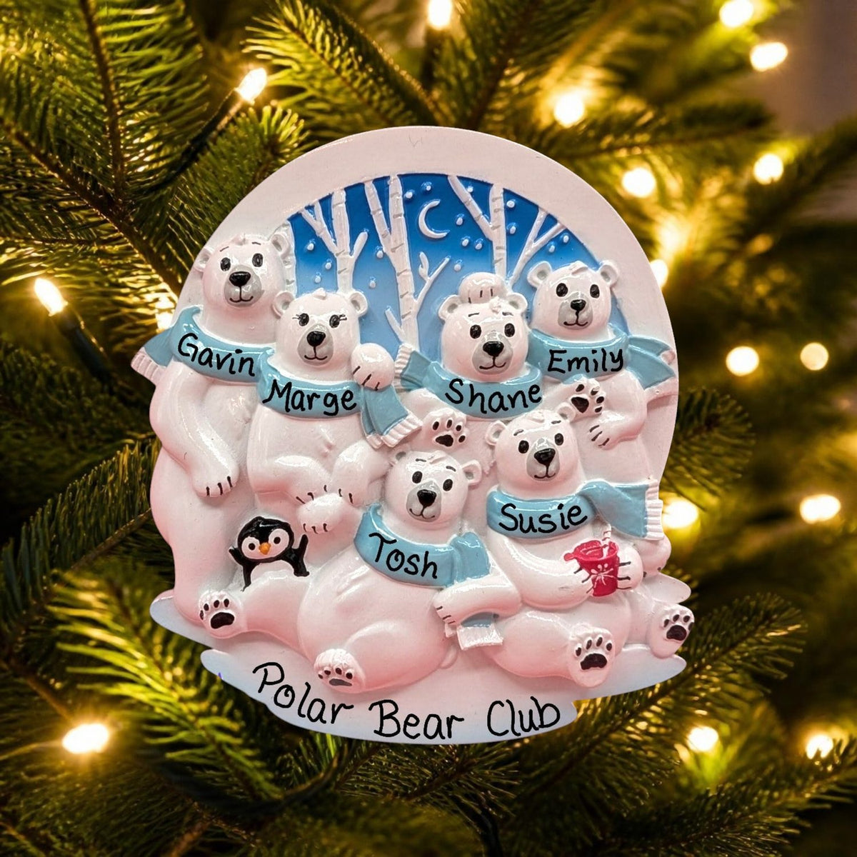 Polar Bears in the Woods with Penguin Ornament (6 Names)