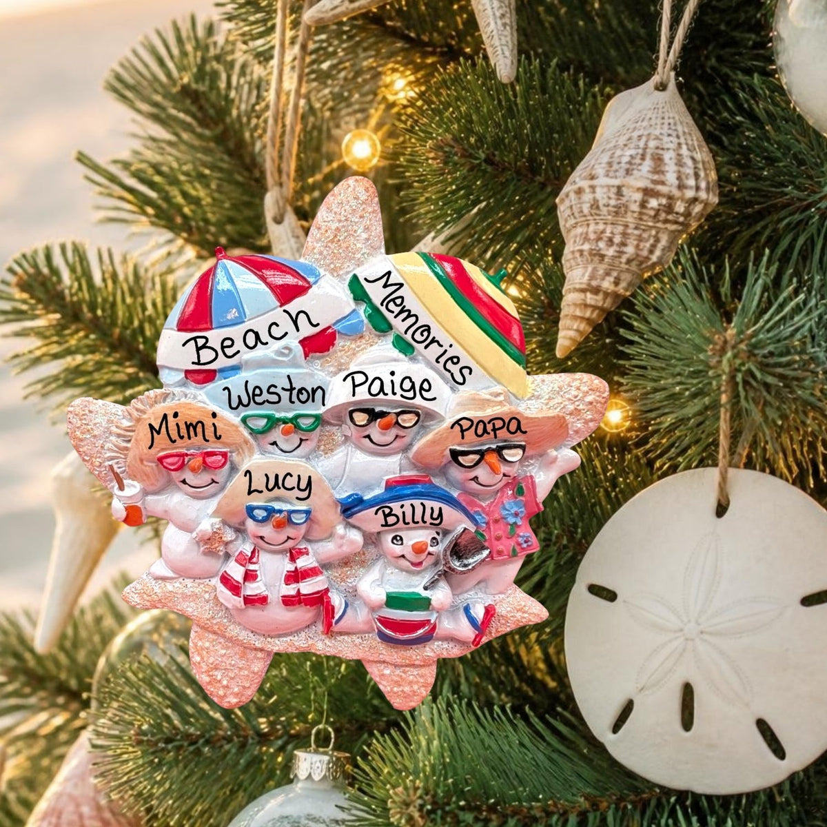 Snowpeople at the Beach Ornament (6 Names)