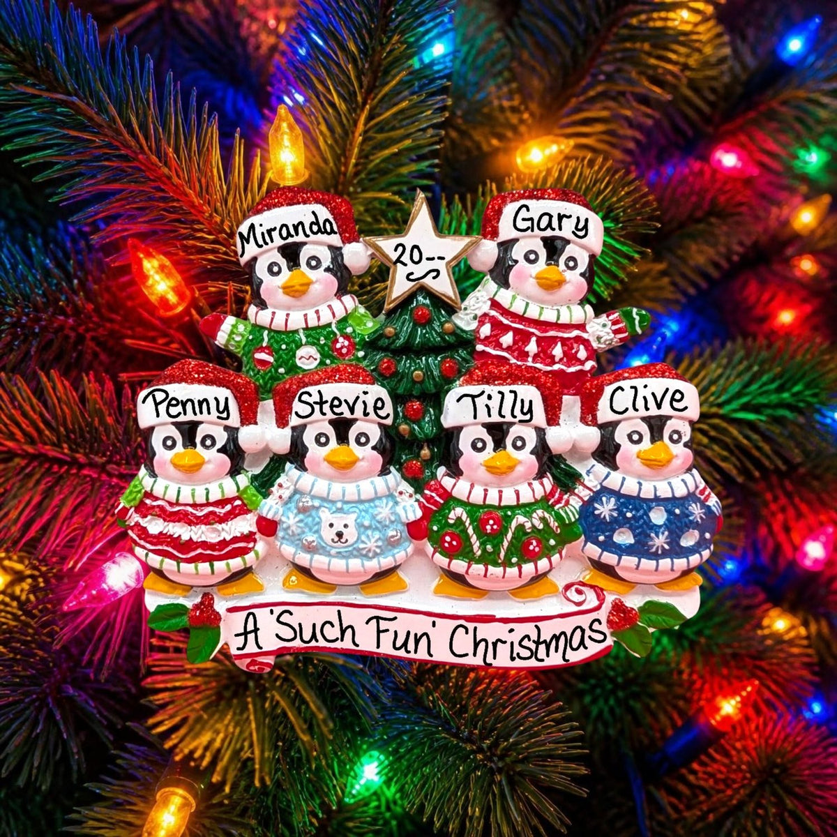 Penguins in Christmas Sweaters Ornament (6 Names)