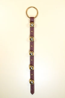 5 Chrome OR Solid Brass Moyer Bells on Narrow, Stitched & Studded 20 inch Strap - Lg Ring Top