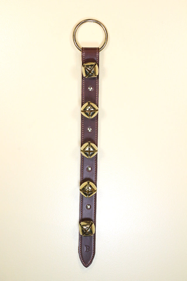 5 Plated Bells on Wide 20 inch Stitched & Studded Strap - Lg Ring Top