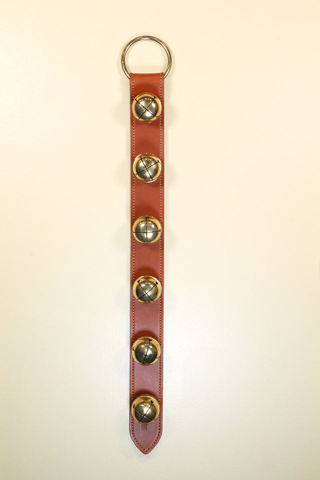 6 Large Chrome OR Solid Brass Moyer Bells on X-Wide 24 inch Stitched Strap - Lg Ring Top