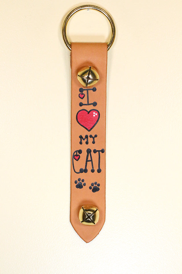 I (Heart) MY CAT - Hand-Painted Leather Strap - 2 Bells