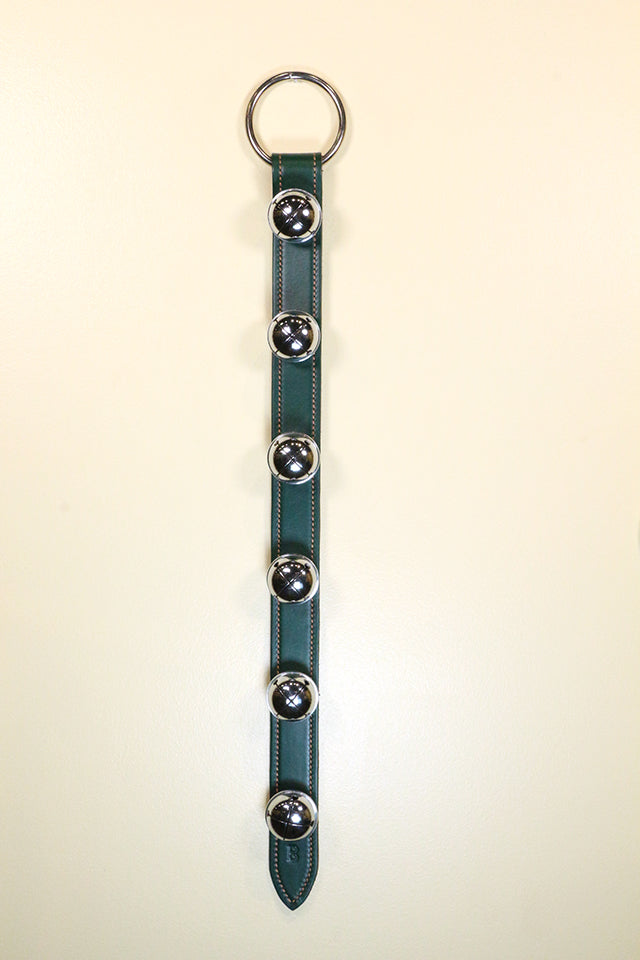 6 Chrome OR Solid Brass Moyer Bells on Wide 24 inch Stitched Strap - Lg Ring Top