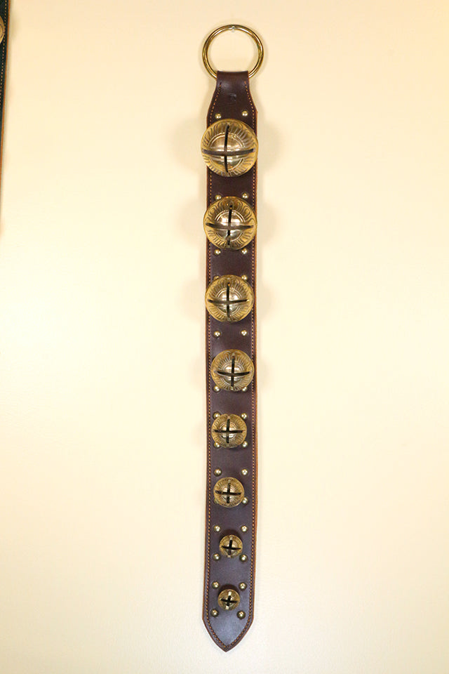 8 Odd Numbered Solid Brass Belsnickel Bells - 2-Ply Strap Stitched & Studded