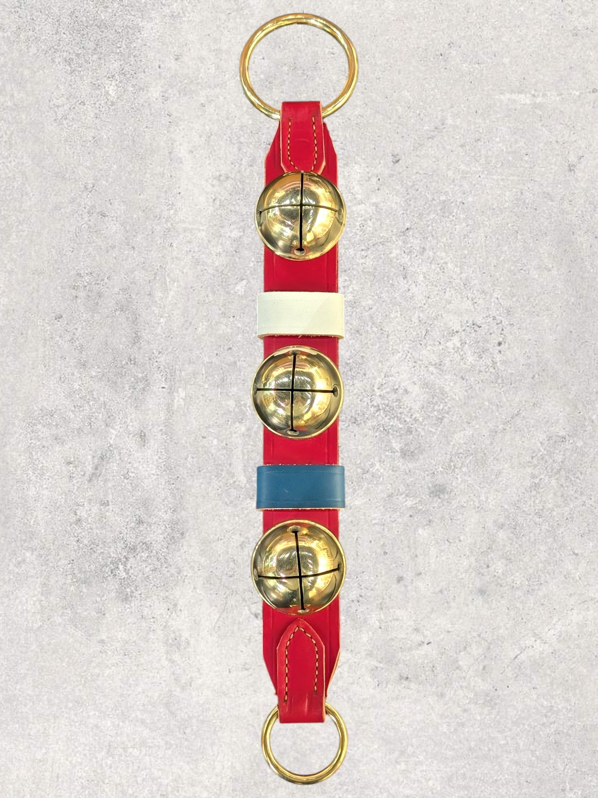 3 Solid Brass European Bells on 2-Ply Strap - Patriotic Colors