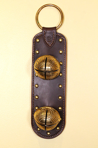 2- #15 Solid Brass Belsnickel Bells - Stitched & Studded Doorhanger