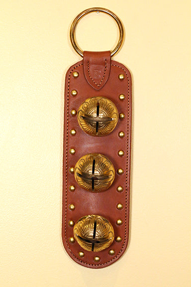 3 Lg Solid Brass Belsnickel Bells - Stitched & Studded Doorhanger