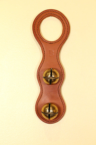 2 Solid Brass Colonial-Style Bells on Scalloped Doorhanger - Leather Top