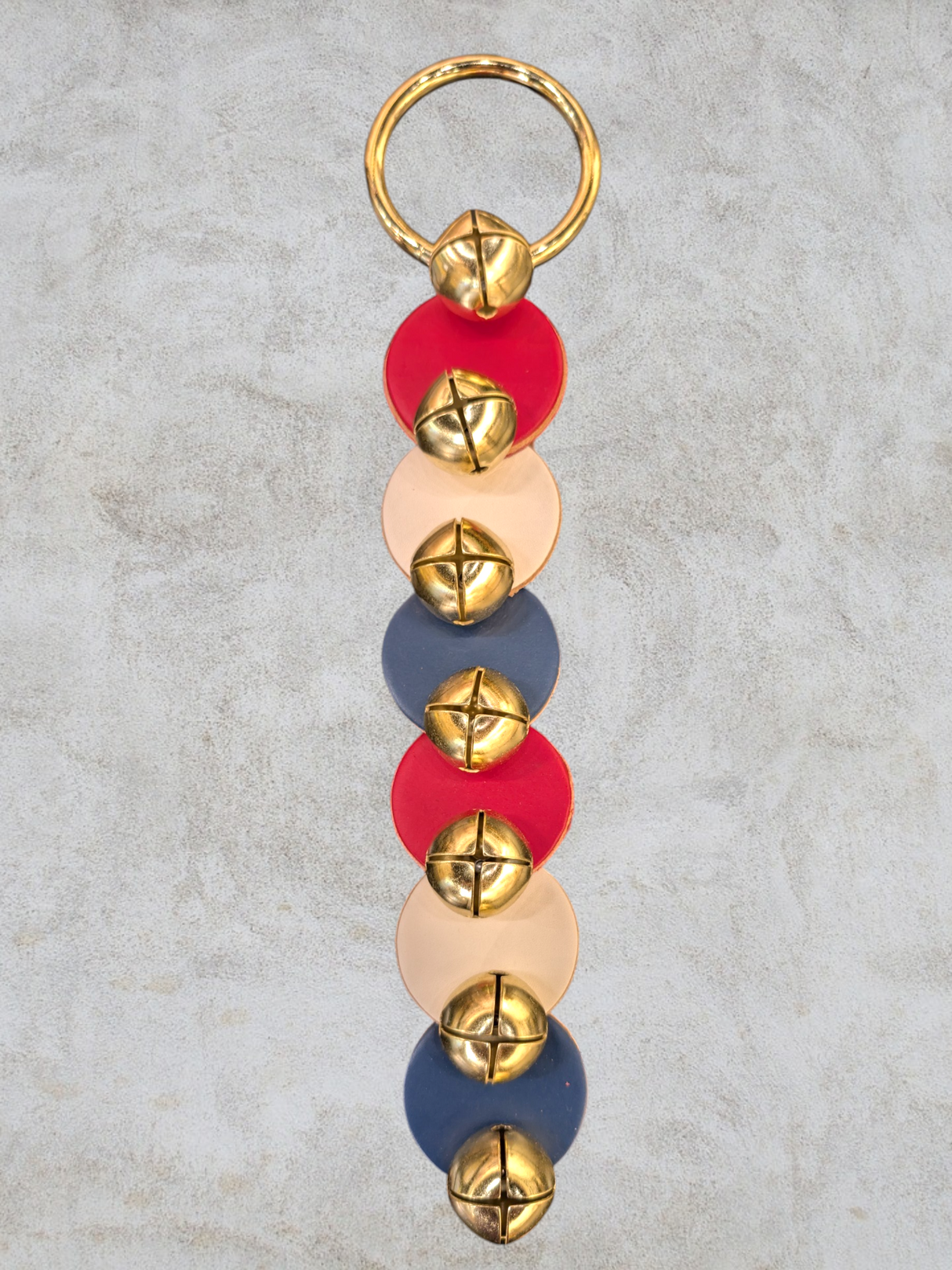 PATRIOTIC 6 Leather Disks (RED, WHITE & BLUE) - 6 Small Plated Bells