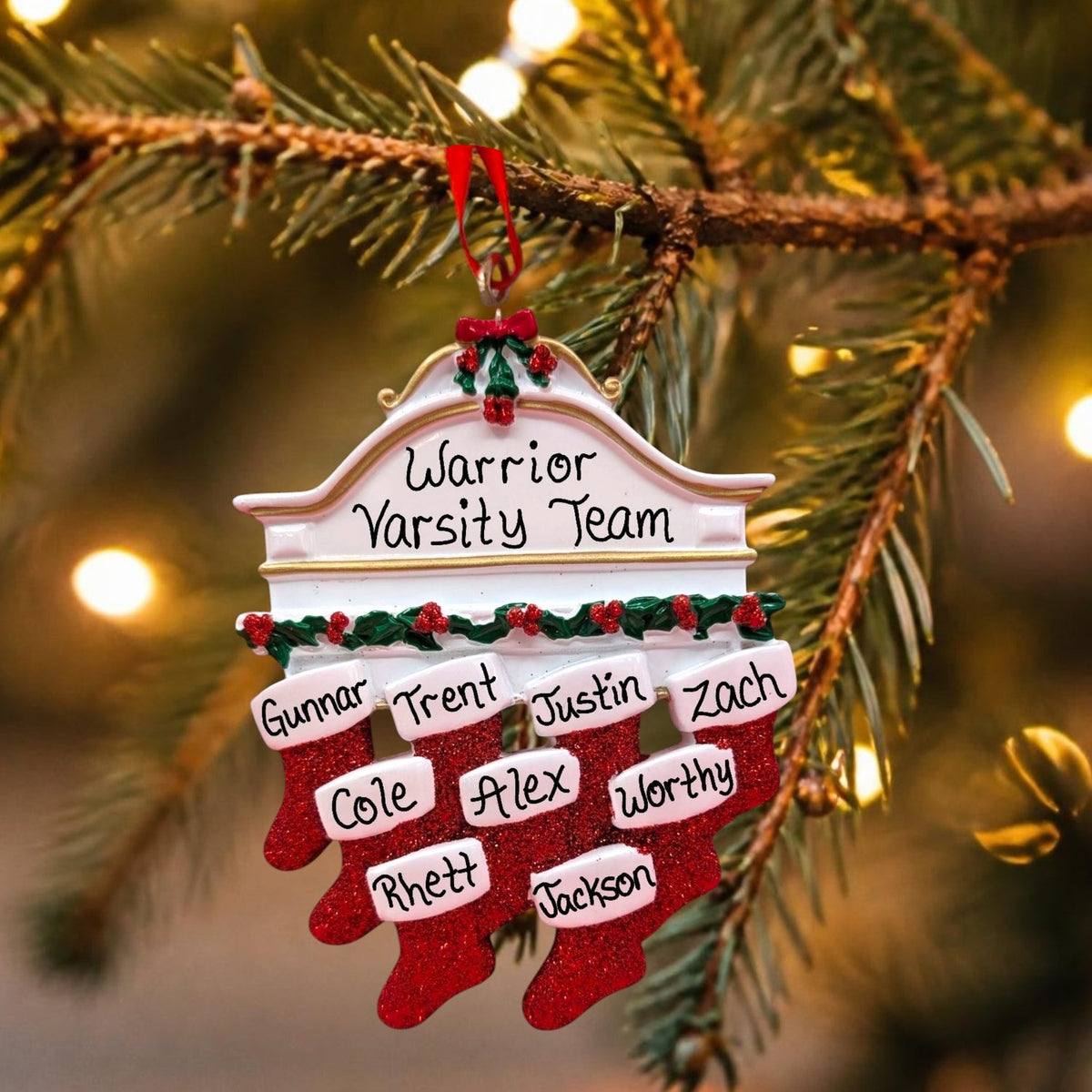 Stockings on White Mantel Ornament (9 Names)