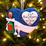 BLUE GLITTER HEART Ornament with WHITE HEART, BANNER & CHAMPAGNE