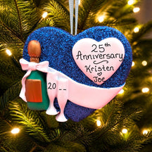 BLUE GLITTER HEART Ornament with WHITE HEART, BANNER & CHAMPAGNE