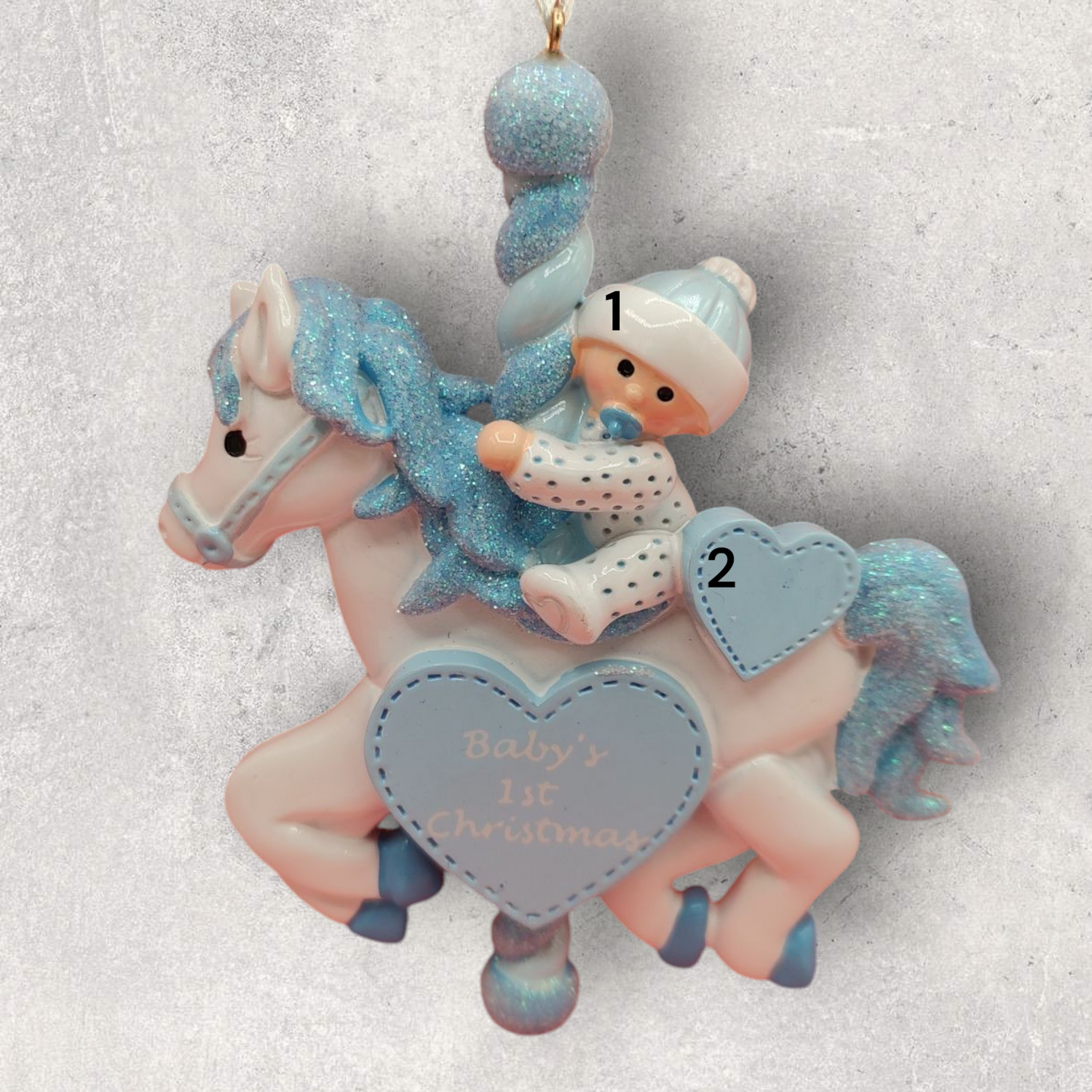 BLUE - BABY on a CAROUSEL HORSE Ornament - 1st Christmas