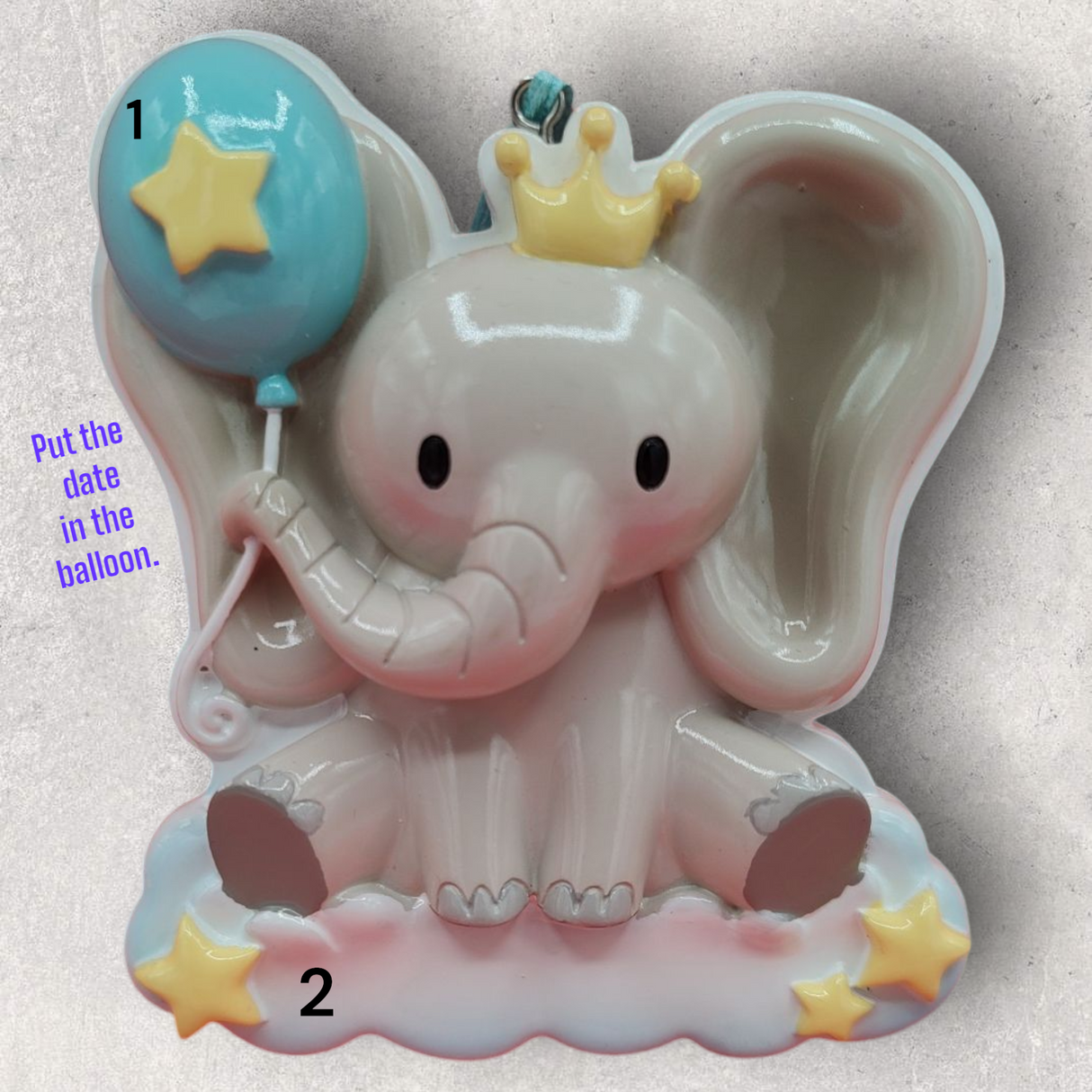 BLUE - BABY ELEPHANT w/ BALLOON & CROWN Ornament