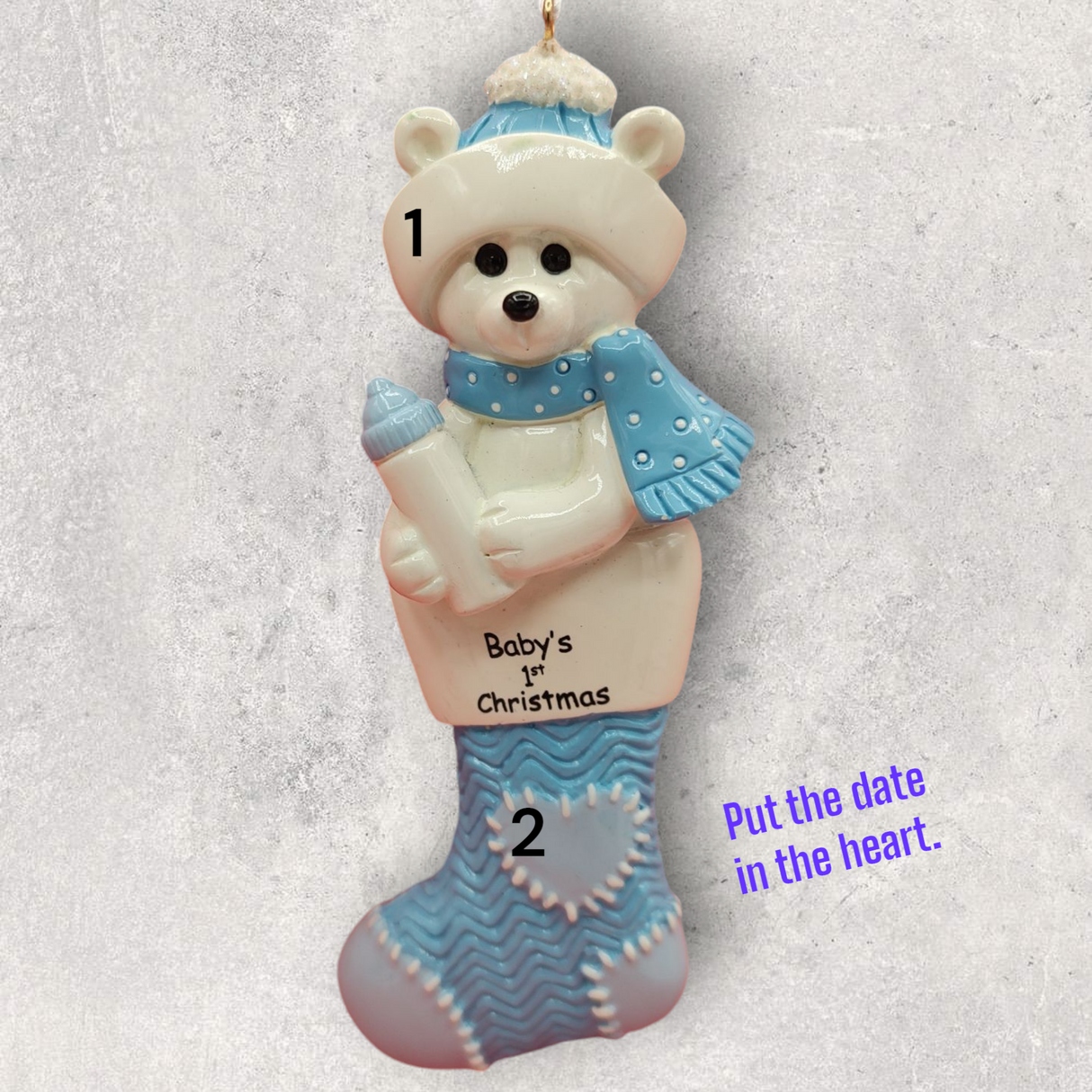 BLUE - BABY's 1st CHRISTMAS  Ornament -BEAR in STOCKING