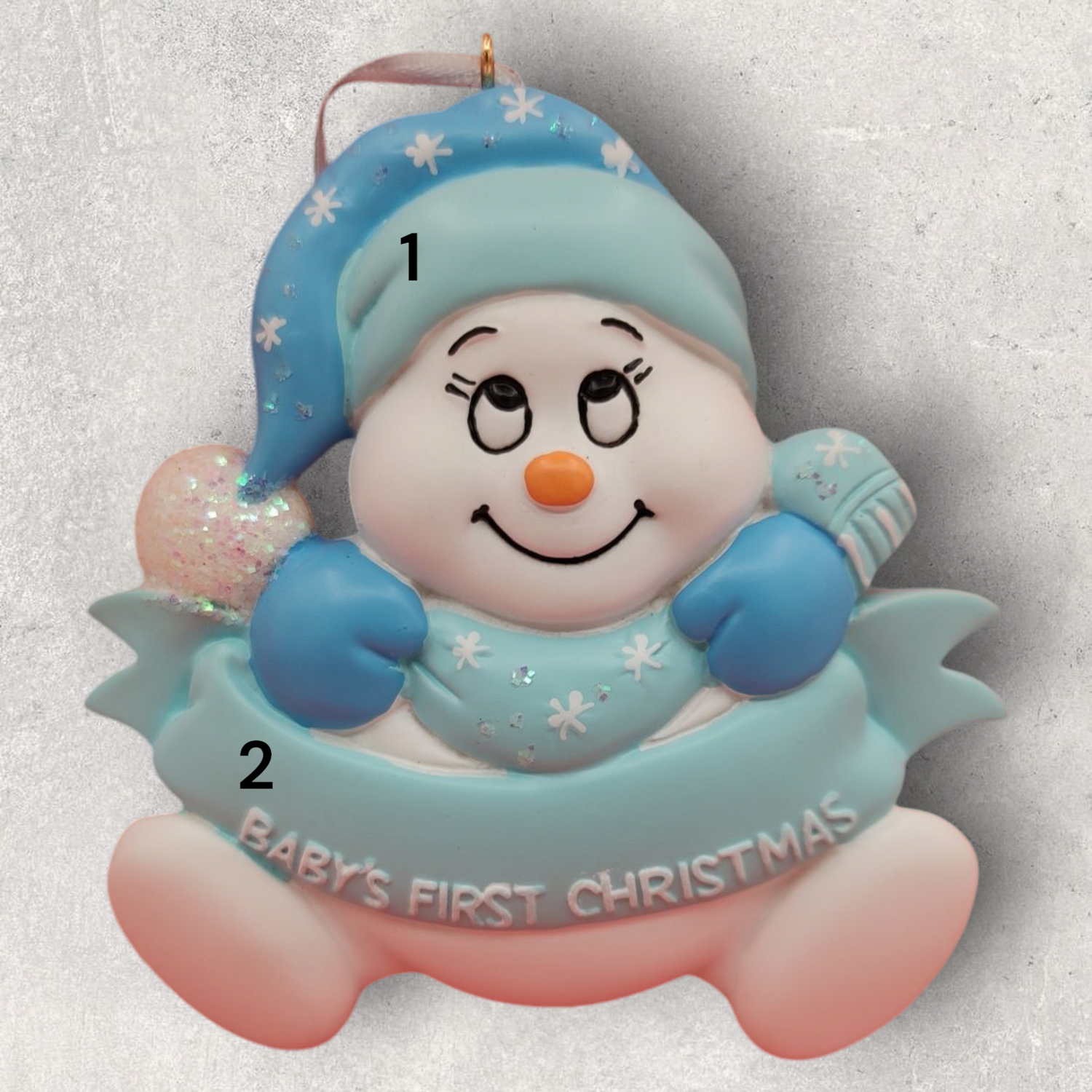 BLUE - BABY's 1st CHRISTMAS  Ornament -SNOWBABY with WORDS across Body
