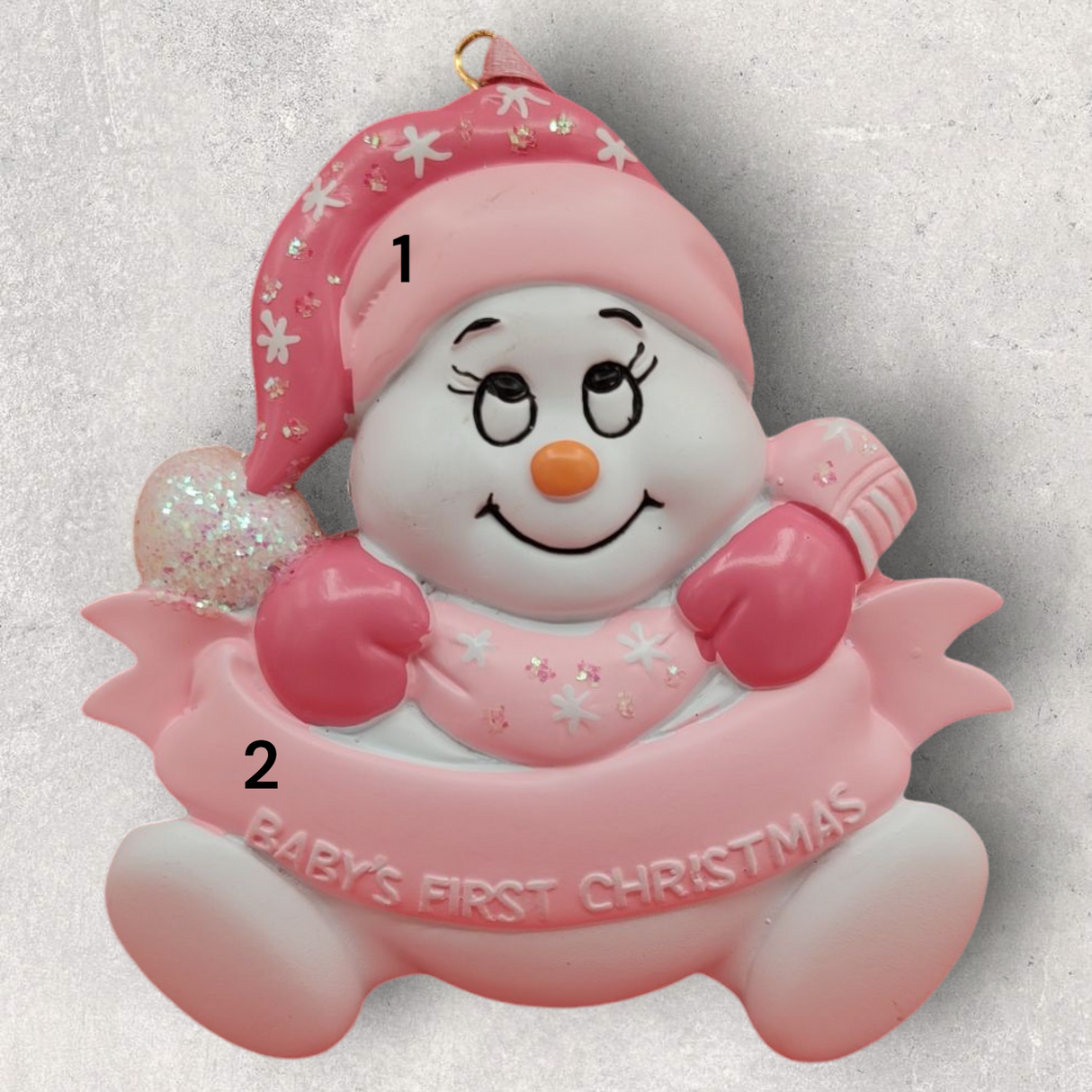 PINK - BABY's 1st CHRISTMAS  Ornament -SNOWBABY with WORDS across Body