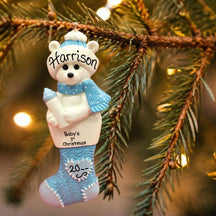 BLUE - BABY's 1st CHRISTMAS  Ornament -BEAR in STOCKING